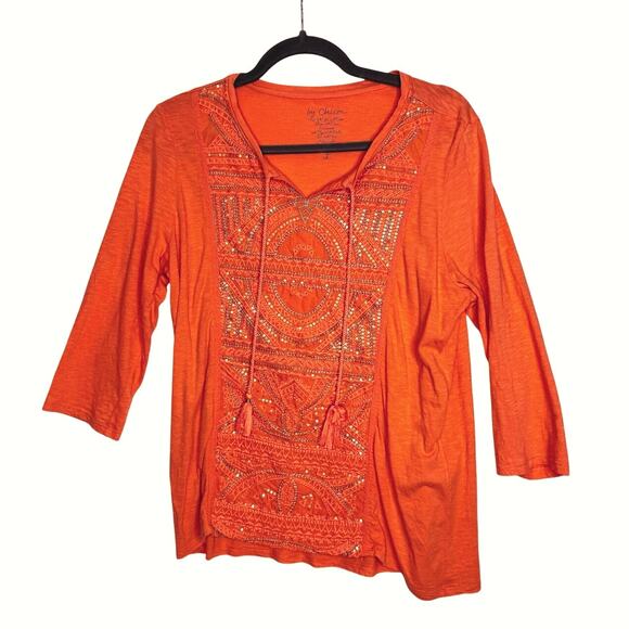Chico's Top Women's 1 Boho Orange Embroidery Sequins Boho - Picture 1 of 4